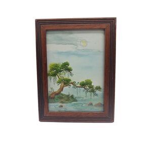 Crozier Watercolor Painting - Bonsai Tree Near Ocean Framed Art - Signed​
